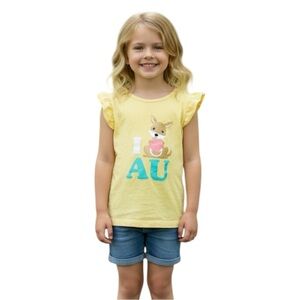 I Love Australia Girl’s Size 4 Yellow Tee with Flutter Sleeves Kangaroo